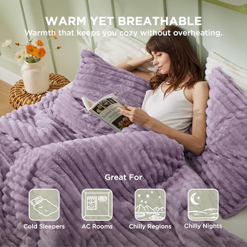 Image of Bedsure Queen Fluffy Comforter Set - GentleSoft 3 Pieces Luxury Fleece Bed Lavender Bedding, Cozy Room Decor Aesthetic, 1 Queen Bed Comforter (90 inchx90 inch) and 2 Pillowcases (20 inchx26 inch)