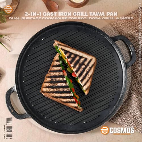 Image of E-COSMOS 2-in-1 Cast Iron Reversible Grill & Tawa Pan | 30 cm Dual Surface Cookware | Non-Stick Coating | Gas, Induction, & Oven Safe | for Roti, Dosa, Grilling Steak, Fish (2 in 1 Grill Tawa)