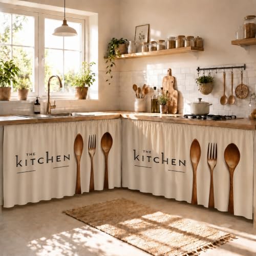 Image of Under Sink & Counter Curtain for Modular Kitchen - Printed Fabric Rod Pocket Hanging Skirt, Washable Under-Counter Cover, Pack of 2 Panels (Each Panel: 150 x 70 cm) (Cream Sink)