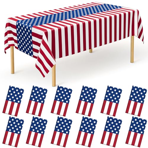 Image of QZYL 12 Pack Plastic 4th of July Tablecloths, Red White Blue Party Supplies | 108 X 54 In 4th of July Decorations, American Flag Tablecovers, Waterproof Disposable Patriotic Party Favors for Memorial Day