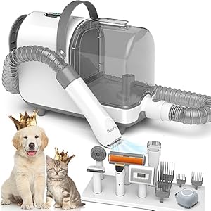 Bunfly Dog Grooming Kit & Vacuum Suction 99.99% Pet Hair, 3L Large Capacity Dust Cup, 7 Pet Grooming Tools for Shedding Pet Hair, Home Cleaning（Silver）