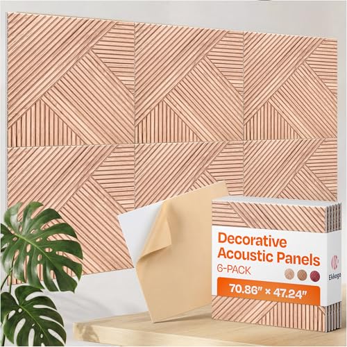 Image of XL Acoustic Wall Panels 6-Pack Decorative Acoustic Panels High Density Sound Absorbing Wall Art 70.86X47.24 Inches with Self-adhesive for Studio Home and Office - Oak Wood Finish