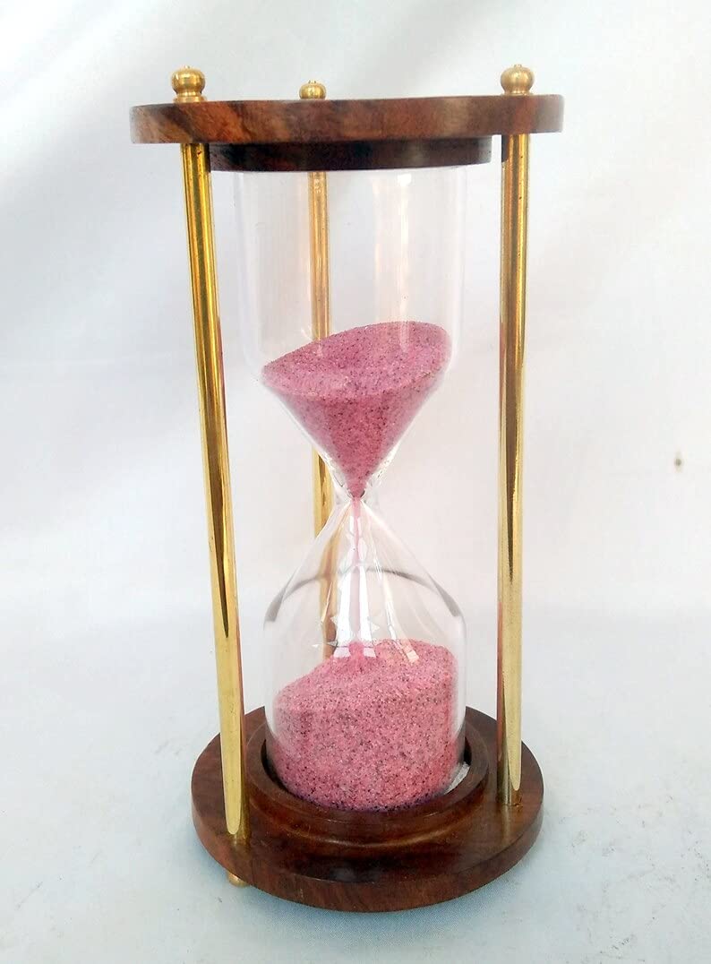 UTC Brass 5 Minutes Sand Timer (Pink Sand) in Wooden Base 6 Inch Hour Glass Table & Desk Decor