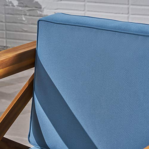 Indira Outdoor Acacia Wood Club Chair With Cushion, Teak Finish And Blue #TOP4