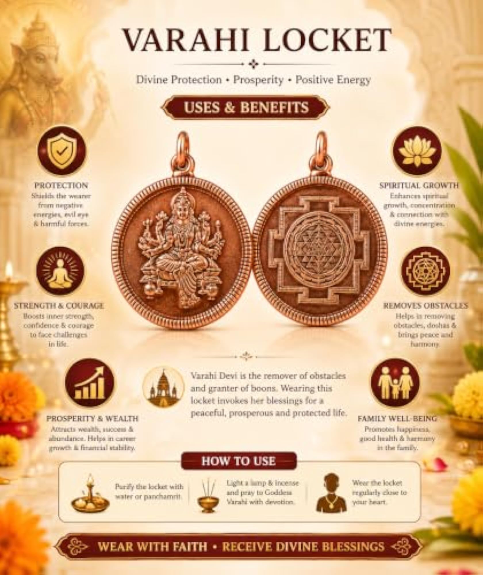 Copper Varahi Devi Locket Pendant with Black Thread Finish