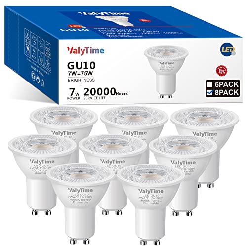 Valytime Dimmable GU10 LED Bulbs 7W(50W -60W-75W Equivalent) GU10 Light Bulbs Gu10 Shape Halogen Replacement Bulb 38°120V 650Lm for Track Spot Lighting Indoor Recessed,Natural White 4000K,8 Pack Valytime Dimmable GU10 LED Bulbs 7W(50W -60W-75W Equivalent) GU10 Light Bulbs Gu10 Shape Halogen Replacement Bulb 38°120V 650Lm for Track Spot Lighting Indoor Recessed,Natural White 4000K,8 Pack