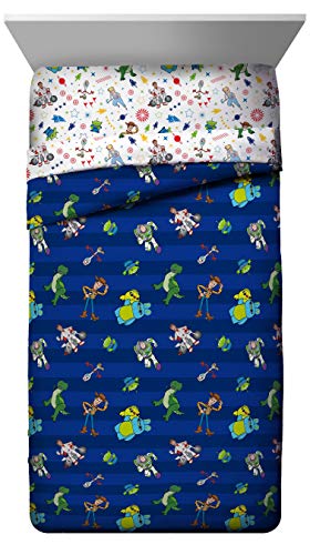 Image of Disney Toy Story Buzz Woody Twin Comforter Set 4 Piece Kids Bedding, Blue | Jessie Rex, Bed in a Bag, Comforter Sheets Pillowcase, Official Product, Soft Microfiber, Machine Washable, Kids Gift