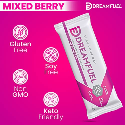 Dream Fuel High Protein Bar, Mixed Berry, 22G Protein, 11G Collagen, 0G Net Carbs, Low Sugar, Low Carb, Low Calorie, No Sugar Alcohols, No Added Sugar, Gluten Free, Keto Friendly, Non-Gmo, 12 Pack #TOP4