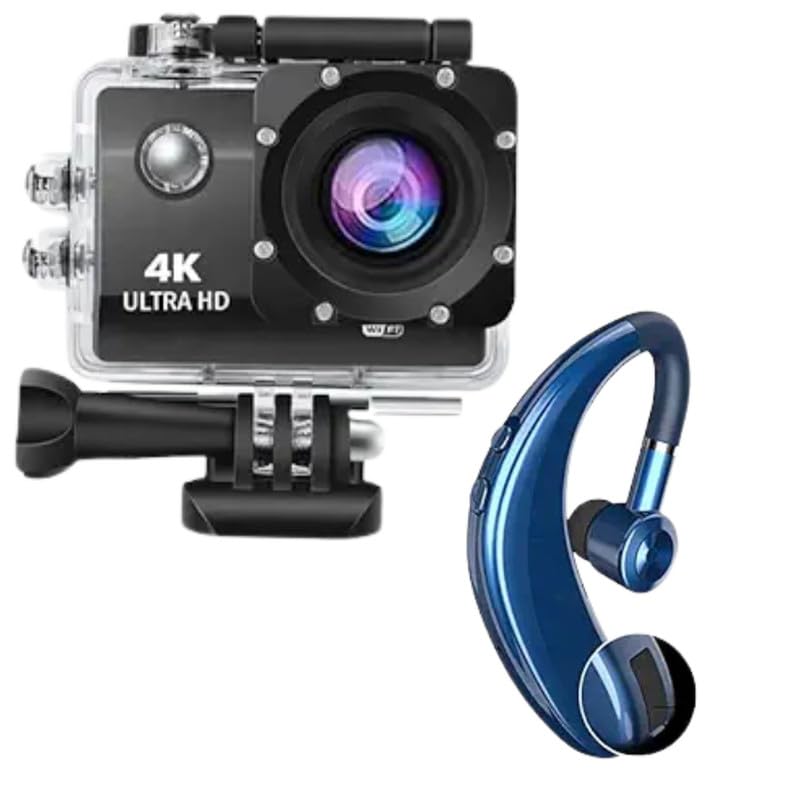 Drumstone Combo Pack of 2 Items- Touch Screen Sports Action Camera, 4K Waterproof Sport Camera,170 Degree Wide Angle WiFi HD Cam, 16MP with On Ear Bluetooth Wireless S109 Headphones for Running