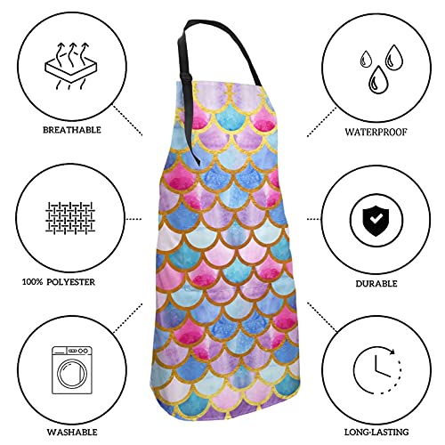 Nvjui Jufopl Cute Mermaid Fish Scales Apron For Women, With 2 Pockets Neck Adjustable Funny Aprons For Home Party Grill Baking #TOP4