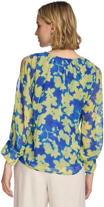 Calvin Klein Women's Floral-Print Gathered Cold-Shoulder Blouse (Dazzling Blue Multi, X-Small) - Image 3