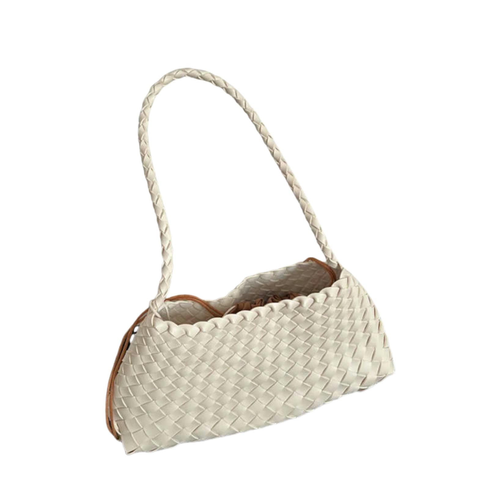 Handtasche Frauen Pu Handgewebte Schultertasche, Gemüse Korb Segelboot Eimer Urlaub Casual Handtasche-Off Weiß