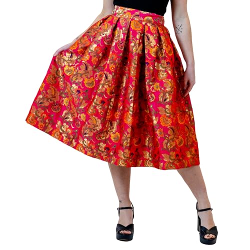 Box Pleated Circle Skirt- Vintage Floral A Line Hawaiian Print Skirt - High Waisted Midi Skirt with Pocket