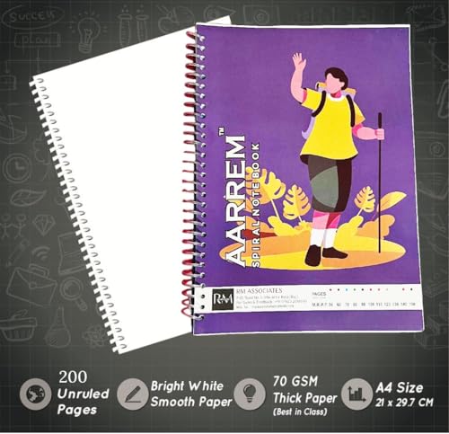 Image of Premium Spiral Notebook Plain A4 Size, Unruled 70 GSM Paper, 200 Pages, College Unruled Paper, School Office Supplies, Multicolor Pack of (9)