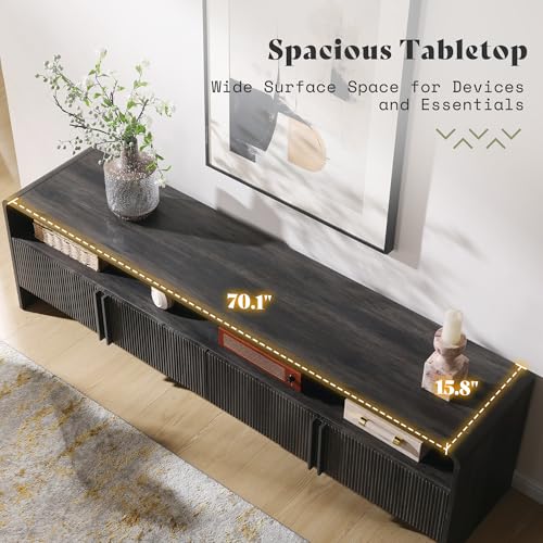 Image of AMERLIFE 70 inch Modern TV Stand for TVs up to 80 inch, Fluted Wood Entertainment Center with Storage Cabinets, Media Console Table for Living Room, Black