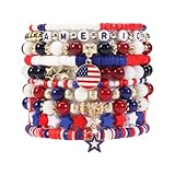 Twinfree 4th of July Bracelets USA Clay Bead Bracelet American Flag Bracelets Star Patriotic Beaded Stackable Bracelet Summer Beach Heishi Surfer Bracelet Set Independence Day Gifts
