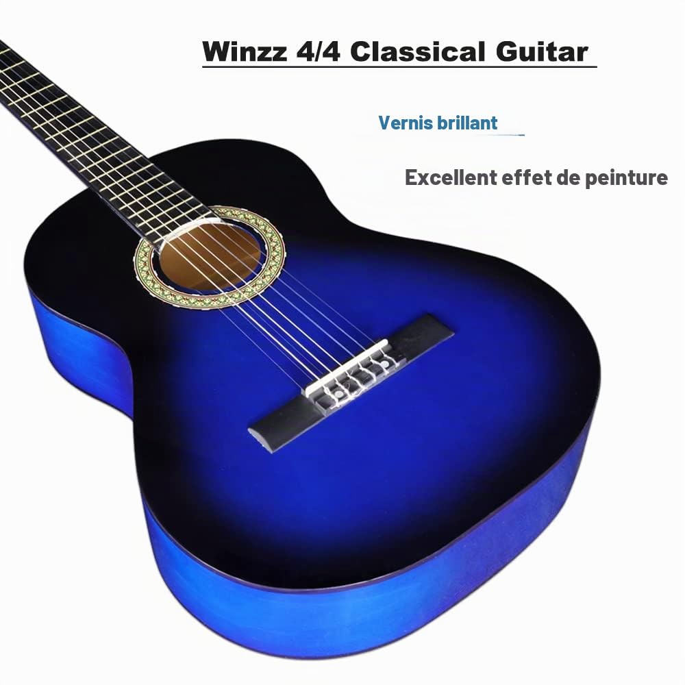 Winzz Guitare classique 4/4 Set Débutant - 39 Pouces Guitare Classique Kit Avec Cordes en Nylon pour Adultes, Enfants à partir de 10 Ans et Plus, Bleu