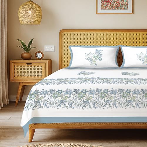 Image of Urban Space 100% Cotton Jaipuri Handblock Printed Double Bedsheet with 2 Pillow Covers, 200 TC Cotton Bedsheet (Size 90 x 100 inches, Taarini Blue)