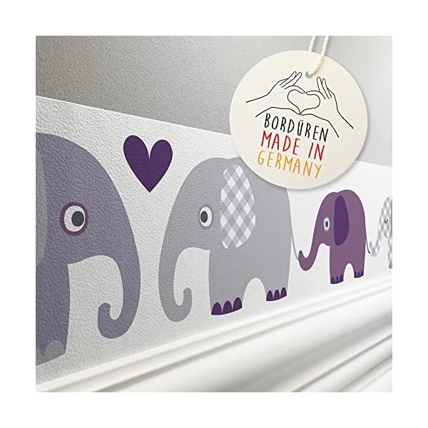 lovely label Bordüre selbstklebend Elefant GRAU LILA - Wandbordüre Kinderzimmer Babyzimmer mit Elefanten - Wandtattoo…