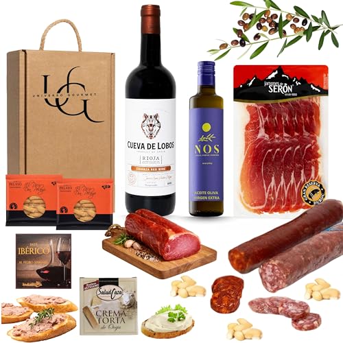 UNIVERSO GOURMET | Cesta Gourmet para Regalar | Vino DO.Rioja | Embutidos Ibéricos Bellota | Jamón Gran Reserva y Taco Lomo Duroc | Pate Pedro Ximenez y Queso Crema Torta Oveja y Picos Pan Artesanos