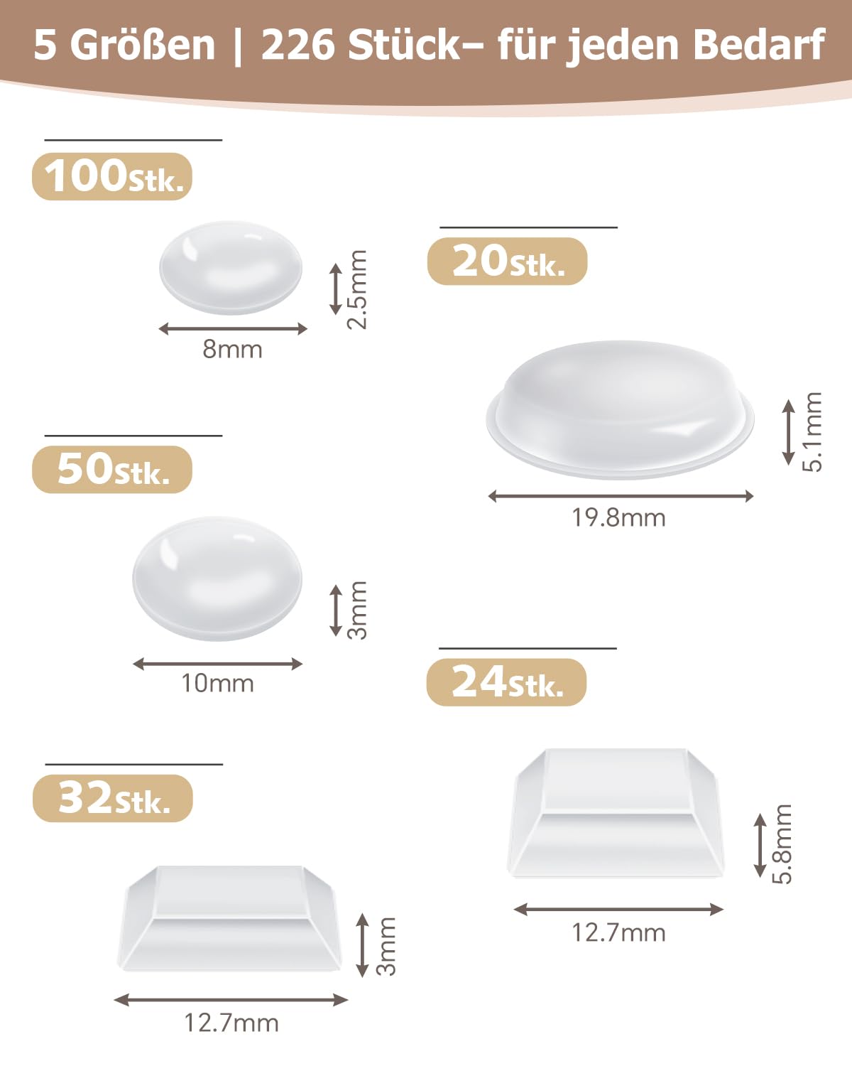 VABNEER Ammortizzatore di Colpi in Silicone Trasparente Autoadesivo Gommini Paracolpi per Porte, Mobili, Cassetti, Armadietti (226, 8-19.8mm)