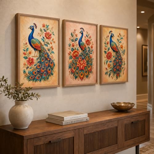 Image of Livin'luxe Set of 3 Peacock Floral Wall Paintings for Living Room Bedroom Home Decor with Premium Wooden Color Synthetic Frame, Ethnic Art (25.5 x 19.5 Inch) NM03-66