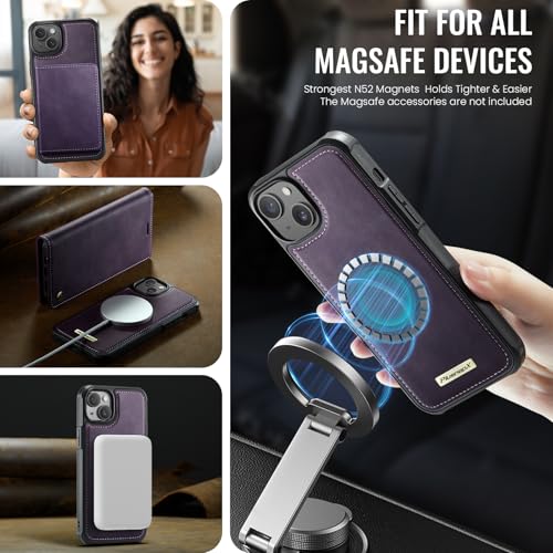 Image of Wallet Case for iPhone 13 Compatible with Magsafe, 2-in-1 PU Leather Flip RFID Blocking Card Holder Stand Shockproof Magnetic Detachable Cover for iPhone 13 Case 6.1 inch, Retro Purple