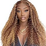 Highlight Curly Lace Front Wigs Human Hair 14 Inch Ombre Wigs Human Hair Deep Wave 13x4 HD Lace Front Wigs Human Hair Pre Plucked with Baby Hair Honey Blonde to Brown 5/27# Curly Human Hair Wigs (180% Density)