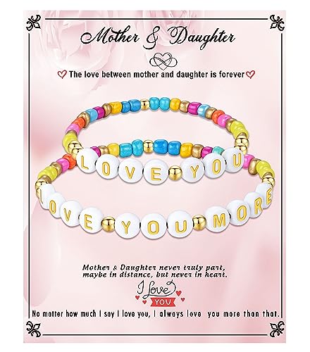 Image of First Day of School Gifts Matching Bracelets for Women Girls Mother and Daughter Beaded Bracelet Multicolor Bead Stretch Kindergarten Preschool Back to School Gifts I Love You Engraved Christmas Birthday Jewelry