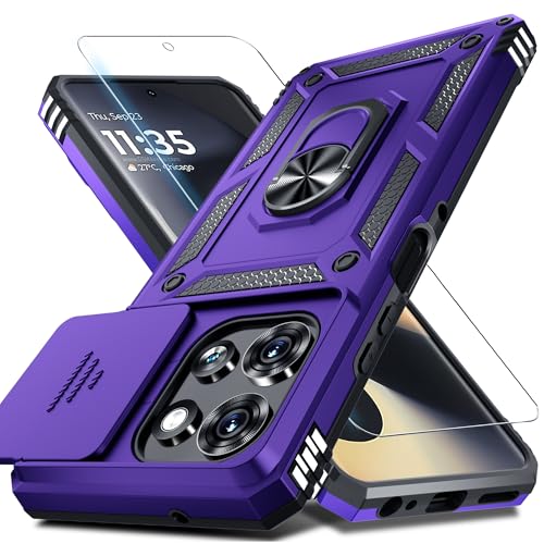 Janmitta Compatible with Moto G Power 5G 2025 Case Built in Slide Camera Lens Cover+Screen Protector+Finger Ring Holder Kickstand,Heavy Duty Shockproof Full Body Protective Phone Cover,Purple
