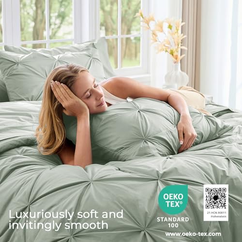 Image of Sasttie Queen Comforter Set, 7-Piece Bed in a Bag, Pintuck Bedding Set for All Season, Includes Comforter, Flat Sheet, Fitted Sheet, Pillowcases and Pillowshams, Dusty Green