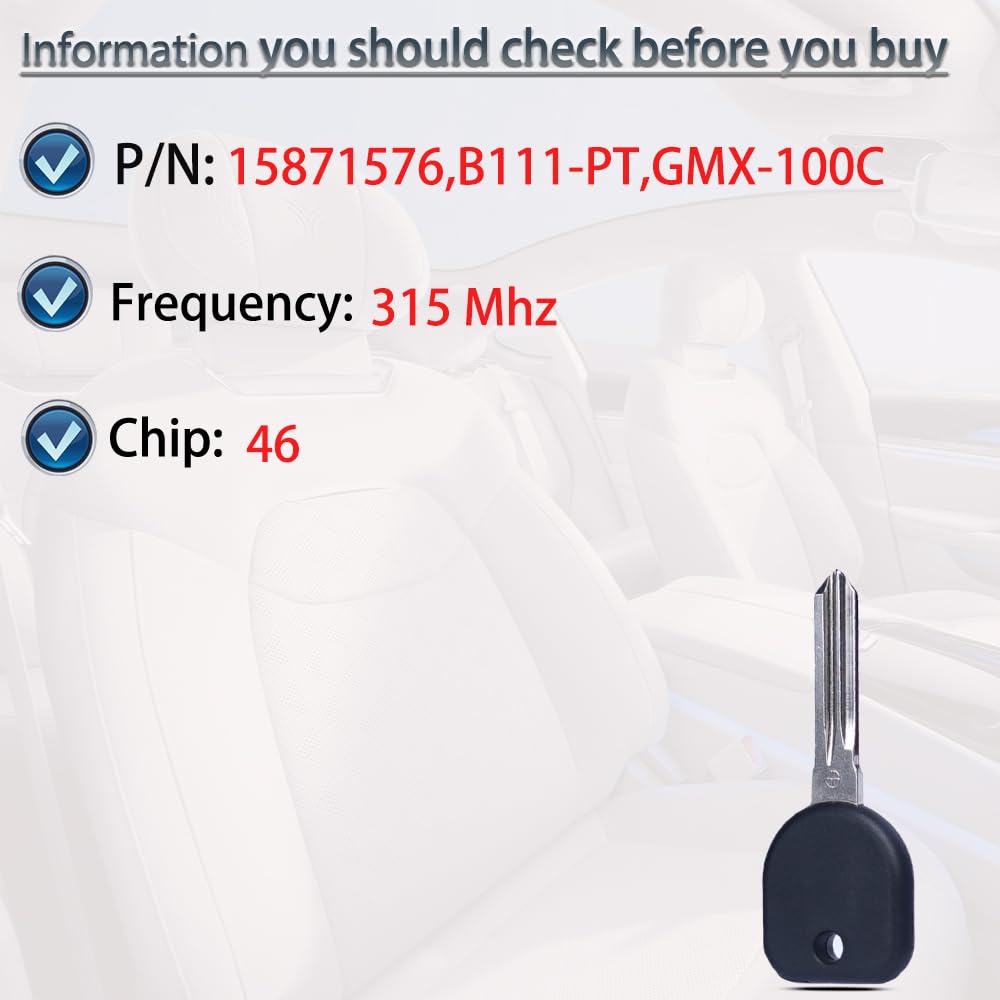 SUPALAND Blank Key Replacement Fits for Chevy GMC Pontiac Cadillac Car Uncut Ignition Transponder Key Circle Plug B111 Chip ID46