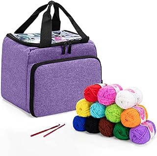 LoDrid Knitting Starter Kit with Yarn Set Tools for Beginners, Portable Knitting Tote Bag with 12(50g) Basic Colors Yarn & 2 Crochet Hooks, 6 E-Books, Yarn Project Organizer, for Adults & Kids, Purple