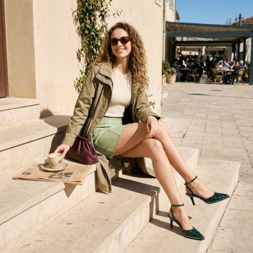 Image of SAMMITOP Kitten Heels for Women Low Heel Closed Toe Ankle Strap Pumps Wedding Party Beaded Dress Shoes 2.4 Inch