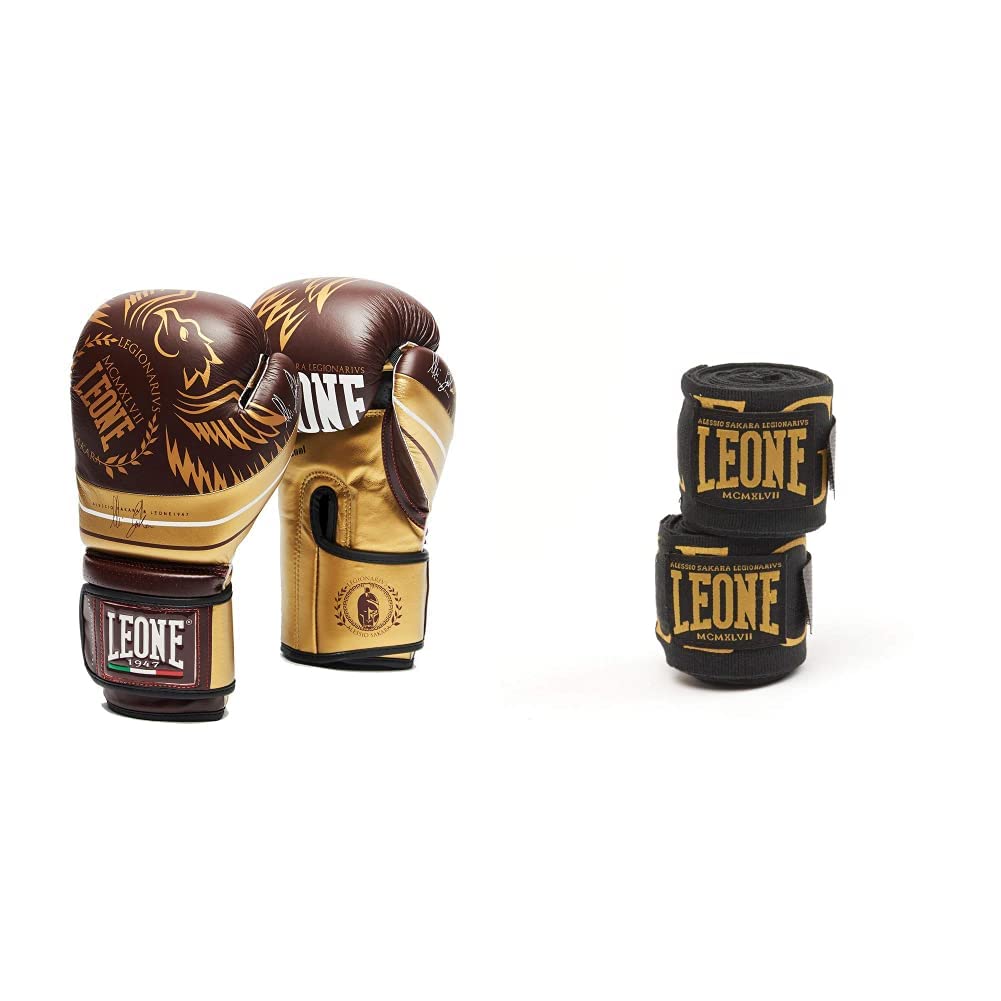 LEONE 1947 - Guanti Boxe Legionarivs Guanti Da Boxe, Unisex – Adulto, Bordeaux, 10 Oz & AB705 Bendaggi, Unisex – Adulto, Nero, 3.5