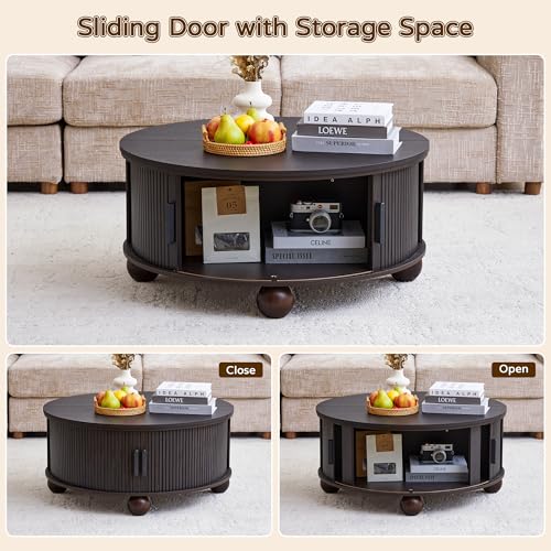 Image of Round Lift Top Coffee Table with Storage, Fluted Circle Coffee Table,Black