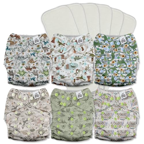 Image of Mama Koala 3.0 Cloth Diapers for Babies with AWJ Lining, 6 Pack with 6 5-Layer Natural Cloth Diaper Inserts - Reusable and Washable Pocket Diapers(A-Cute Dinosaurs)