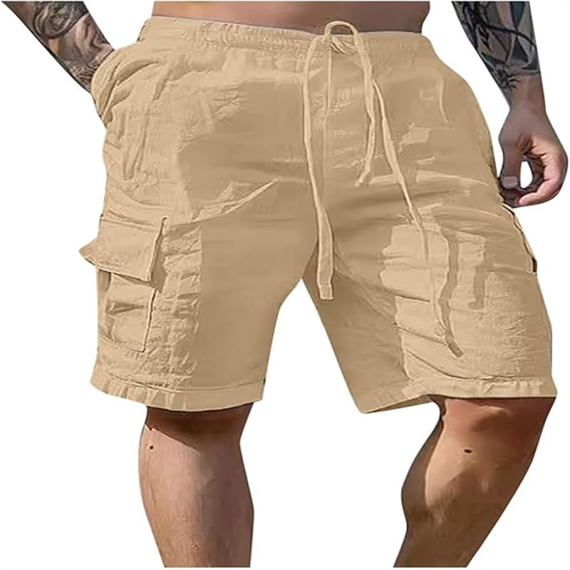 Men's Linen Cargo Shorts Summer Beach Elastic Waist Drawstring Multi Pocket Plain Knee Length Outdoor Vacation