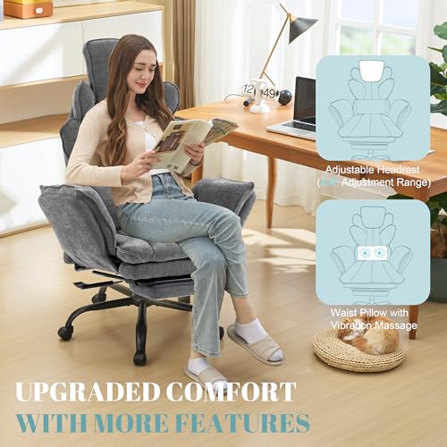 Image of Flip Armrests Criss Cross Office Chair, Reclining Office Chair with Foot Rest, Adjustable Headrest, Massage Waist Pillow, Cross Legged Big and Tall Desk Chair Wide Seat Vanity Chair, Grey Fabric