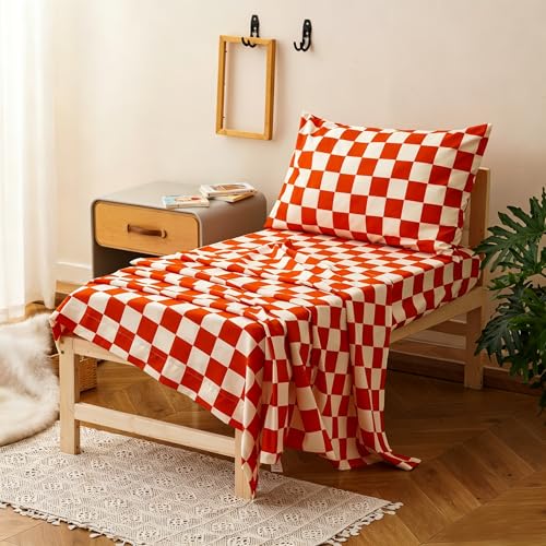 Image of Wellboo Caramel White Plaid Toddler Bedding Sets for Girls Boys Orange and White Checkerboard Grid 4 Pieces Soft Crib Bed Set Including Comforter, Sheets and Pillowcase Kids Checkered Geometric Quilt