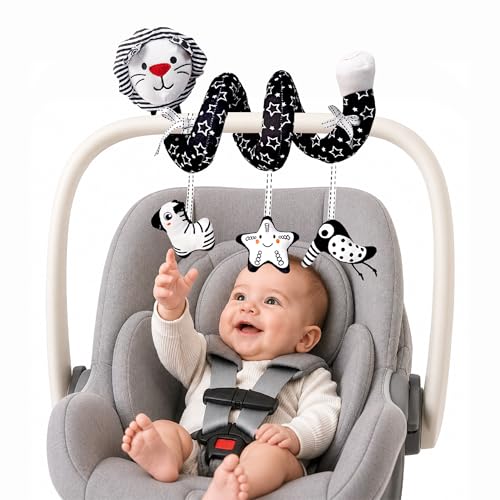 Image of LiKee Spiral Car Seat Toys for Babies 0-6 Months, Black High Contrast Plush Hanging Baby Stroller Toys, Crib & Carseat Sensory Activity for Newborn, Ages 0+ Years 6-12 Month Infants Boy Girl Gifts