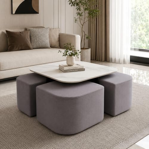Image of The Attic Norwood Coffee Table, Coffee Table for Living Room, Coffee Table with 4 stools Solid Wood Centre Table with Ceramic Top, Black Finish