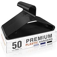 HOUSE DAY Black Plastic Hangers 50 Pack, Plastic Clothes Hangers with Built-in Hooks, Durable and Strong Plastic Coat Hangers for Closet, Space Saving Clothing Hanger for Shirts, Coats, Skirt, Dress