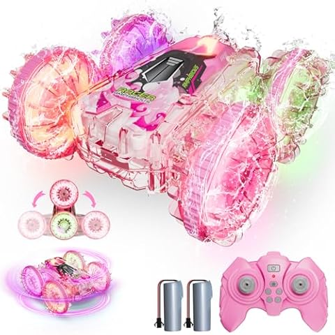 BFUNTOYS Amphibious Remote Control Car for Water or Land Play, RC Car for Kids Girls with LED Lights 4WD Stunt Car Pink Pool Toys with 70/36Minutes Play 2Batteries,360°Rotation,180°Flip,2.4GHz Remote Cover