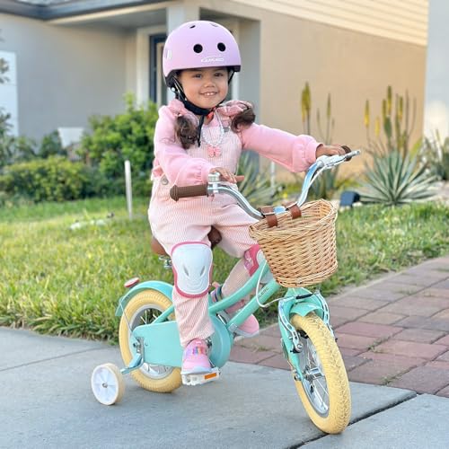 Image of Glerc Little Molly 12-20 Inch Kids Retro Cruiser Bike for 2-13 Year Old with Wicker Basket & Training Wheels /Kickstand, Multiple Colors