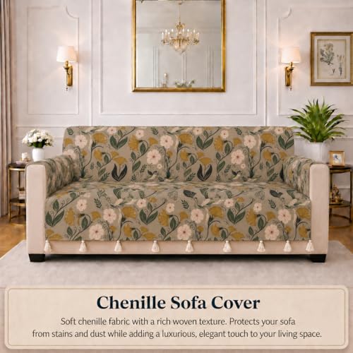 Image of STITCHNEST 'Eden Weaves Collection Series' 3 Seater Sofa Cover | Full Coverage with Armrest Pockets | Elegant Woven Fabric, Decorative Tassels, Washable & Durable for Modern Living