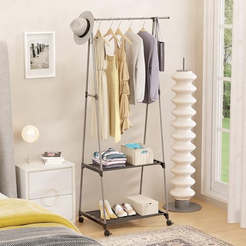 Image of Lukzer A-Shape MGR-010 /Grey Garment Rack with 2 Bottom Shelves | Multipurpose Coat Hanger & Clothes Organizer Stand | Space Saving Clothing Display for Bedroom, Entryway, Living Room (160x55x42cm)
