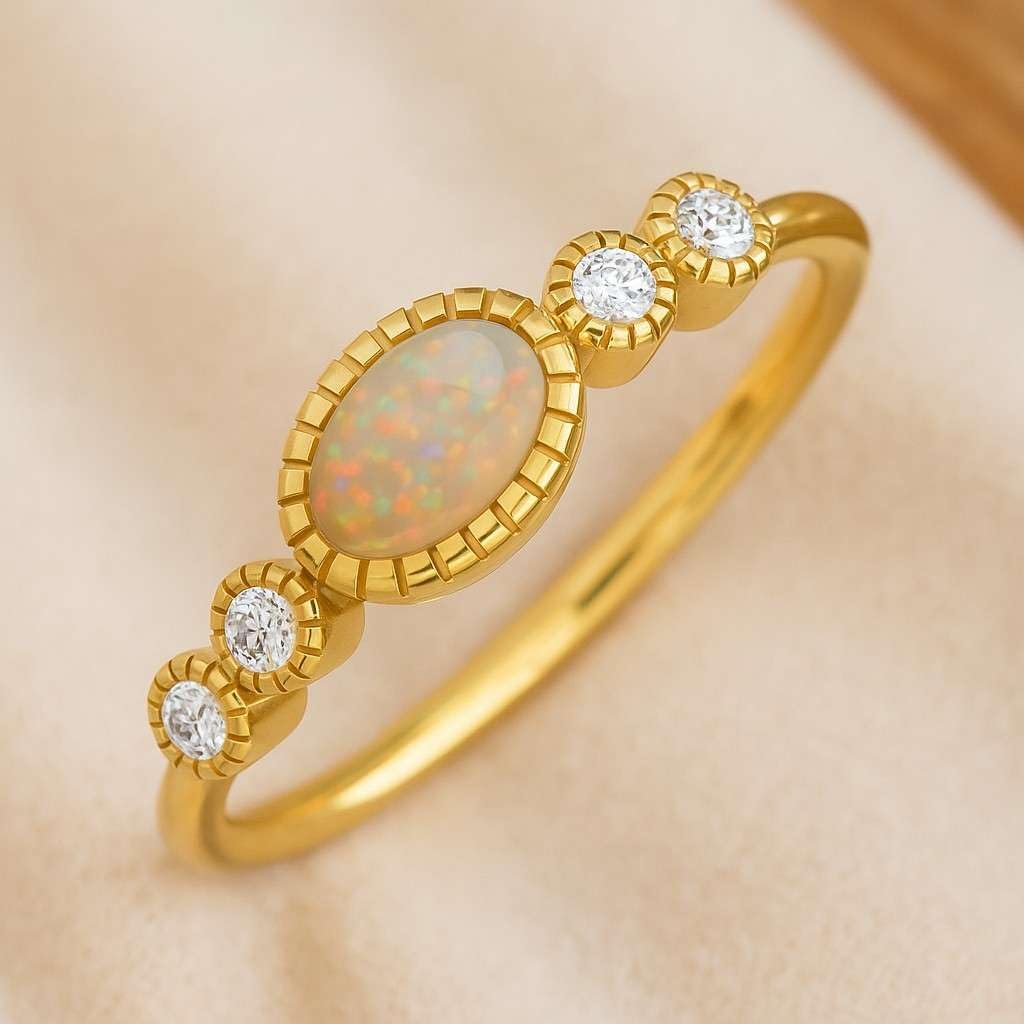 Natural Opal and Diamond Ring for Women in 14K Gold or 925 Sterling Silver – Oval Cut White Gemstone Dainty Stackable October Birthstone Ring