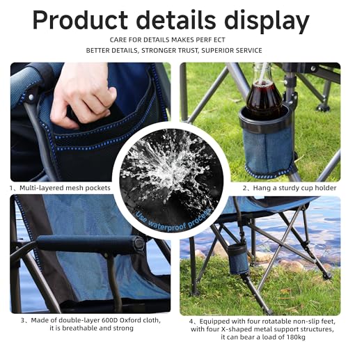 Image of Heavy Duty Folding Camping Chair Supports 400 LBS, Hard Arm Portable Outdoor Chair with Cup Holder & Storage Bag, Foldable Collapsible for Camp, Picnic, Lawn, Fishing, Blue