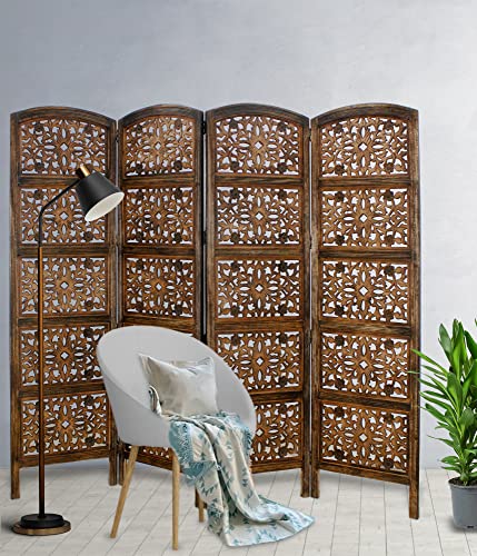 Room Divider Wood Screen - Rajasthan Antique Brown - 4 Panel Folding 72 X 80 - Intricate Hand Carved Decorative Functional Versatile Portable Partition Reversible Freestanding Privacy - Cotton Craft #TOP4